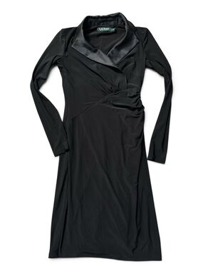 Lauren Ralph Lauren Black Tuxedo Faux Wrap Dress Satin Collar Size 0
